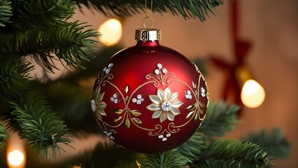Festive, close-up photograph of a Christmas ornament hanging on a tree. The ornament is a large, glossy red bauble with intricate gold detailing, including floral patterns and decorative elements. 
