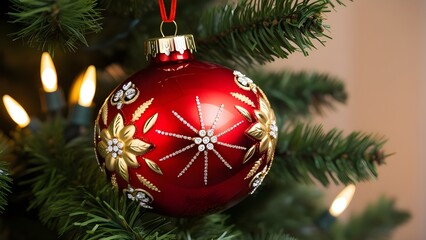 Festive, close-up photograph of a Christmas ornament hanging on a tree. The ornament is a large, glossy red bauble with intricate gold detailing, including floral patterns and decorative elements. 