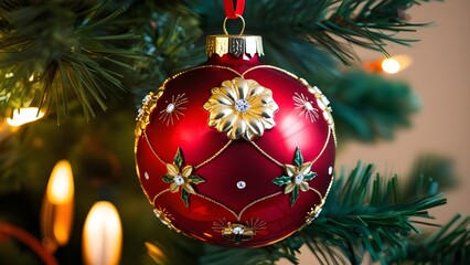 Festive, close-up photograph of a Christmas ornament hanging on a tree. The ornament is a large, glossy red bauble with intricate gold detailing, including floral patterns and decorative elements. 