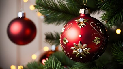 Festive, close-up photograph of a Christmas ornament hanging on a tree. The ornament is a large, glossy red bauble with intricate gold detailing, including floral patterns and decorative elements. 