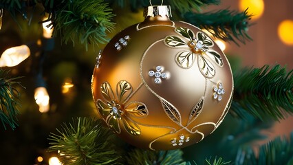 Festive, close-up photograph of a Christmas ornament hanging on a tree. The ornament is a large, glossy gold bauble with intricate gold detailing, including floral patterns and decorative elements. 