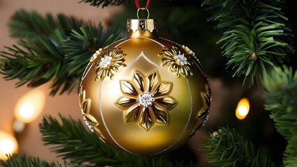 Festive, close-up photograph of a Christmas ornament hanging on a tree. The ornament is a large, glossy gold bauble with intricate gold detailing, including floral patterns and decorative elements. 