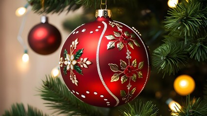 Festive, close-up photograph of a Christmas ornament hanging on a tree. The ornament is a large, glossy red bauble with intricate gold detailing, including floral patterns and decorative elements. 