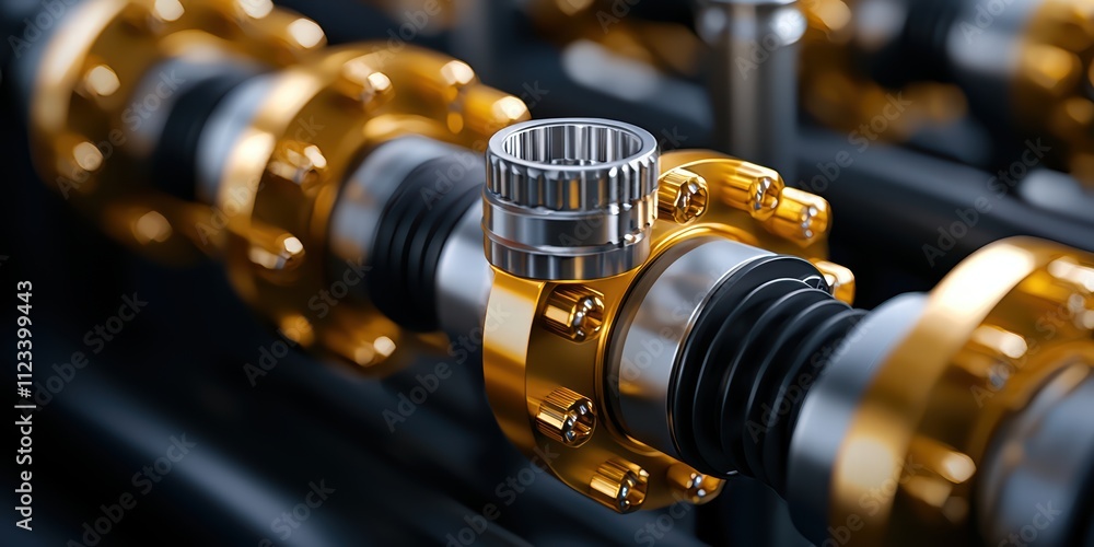 Poster a close-up view of a mechanical assembly featuring shiny gold and silver components, showcasing prec