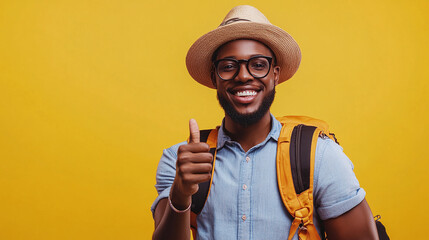 Tourist gives thumbs up with like gesture, african american in studio, backpack ready with copy space, travel and tourism inspire vacation dreams.