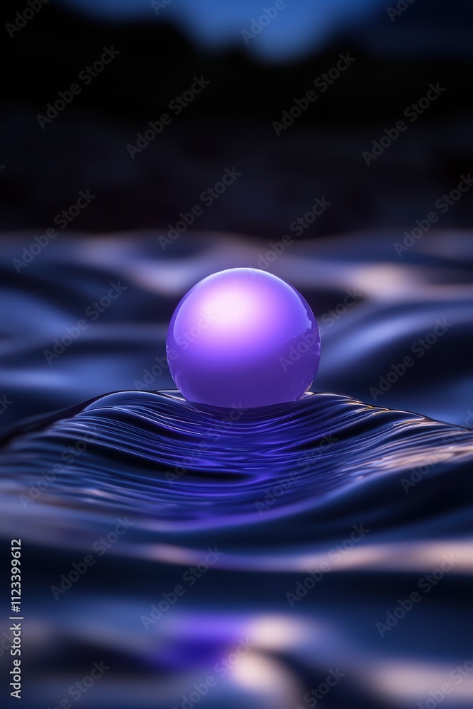 Poster a glowing purple sphere rests on flowing dark waves, creating a serene and captivating visual effect