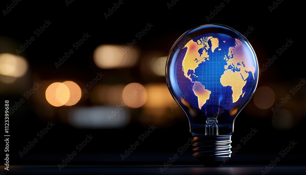 Poster a light bulb with a world map design symbolizes innovation, creativity, and global unity against a b