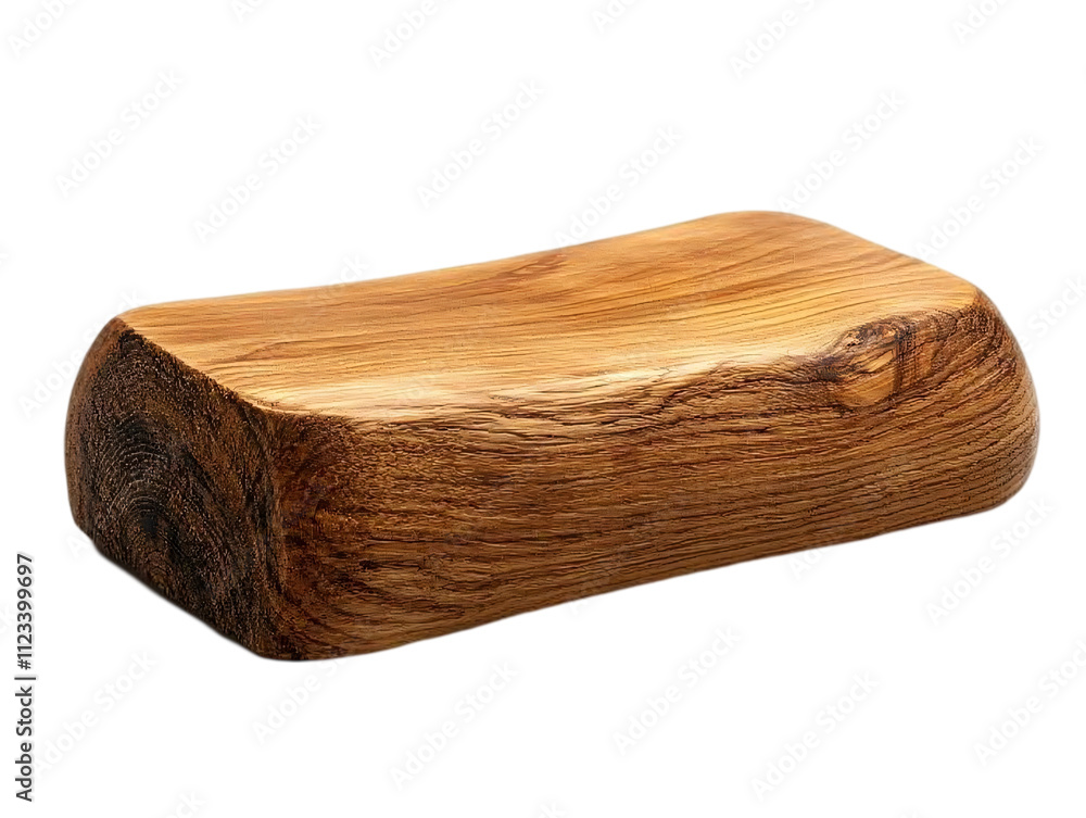Poster a smooth wooden block with a natural finish, showcasing rich grain patterns and a rounded edge on tr