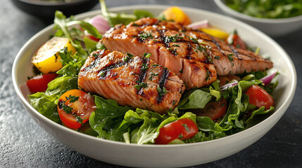 Tuna tops fresh salad, fish provides healthy protein with vegetable medley, lunch or dinner meal creates appetizer seafood experience.