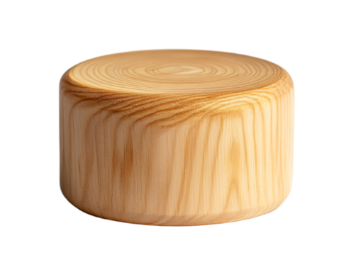 A smooth, round wooden block showcasing natural grain patterns and a polished surface on transparent background.