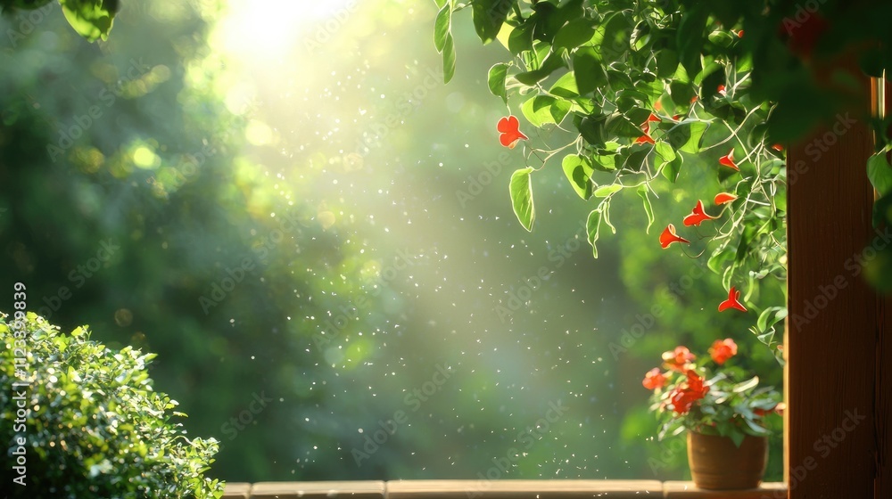 Poster sunlight filtering through leaves in a tranquil garden setting