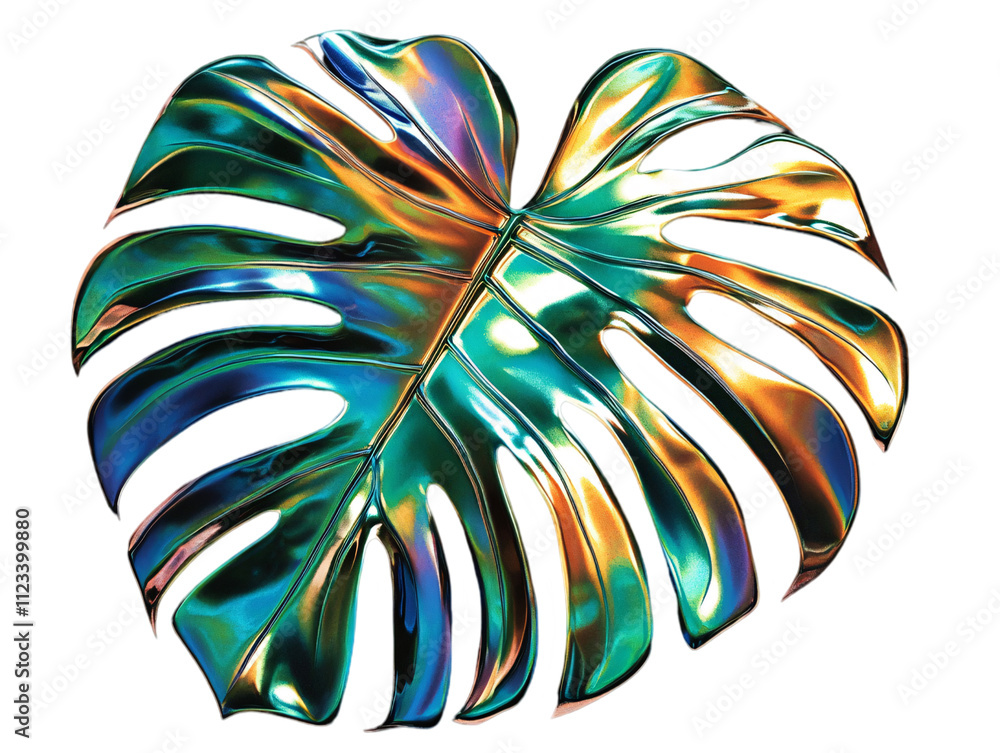 Poster a vibrant, multicolored leaf with striking patterns and intricate cutouts on transparent background.