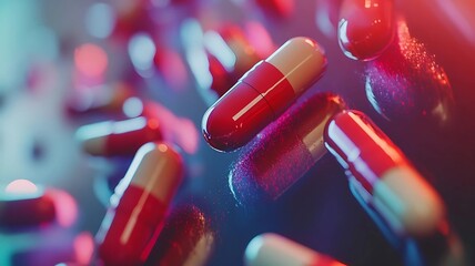 Image on the topic of drugs, pharmacology, pharmaceuticals, capsules with medicine, tablets, medicine and health