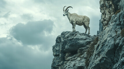 Wildlife mountain goat stands on rocky peak, terrain shows powerful animal with curved horns, majestic creature navigates steep cliff, untamed nature in pristine landscape.