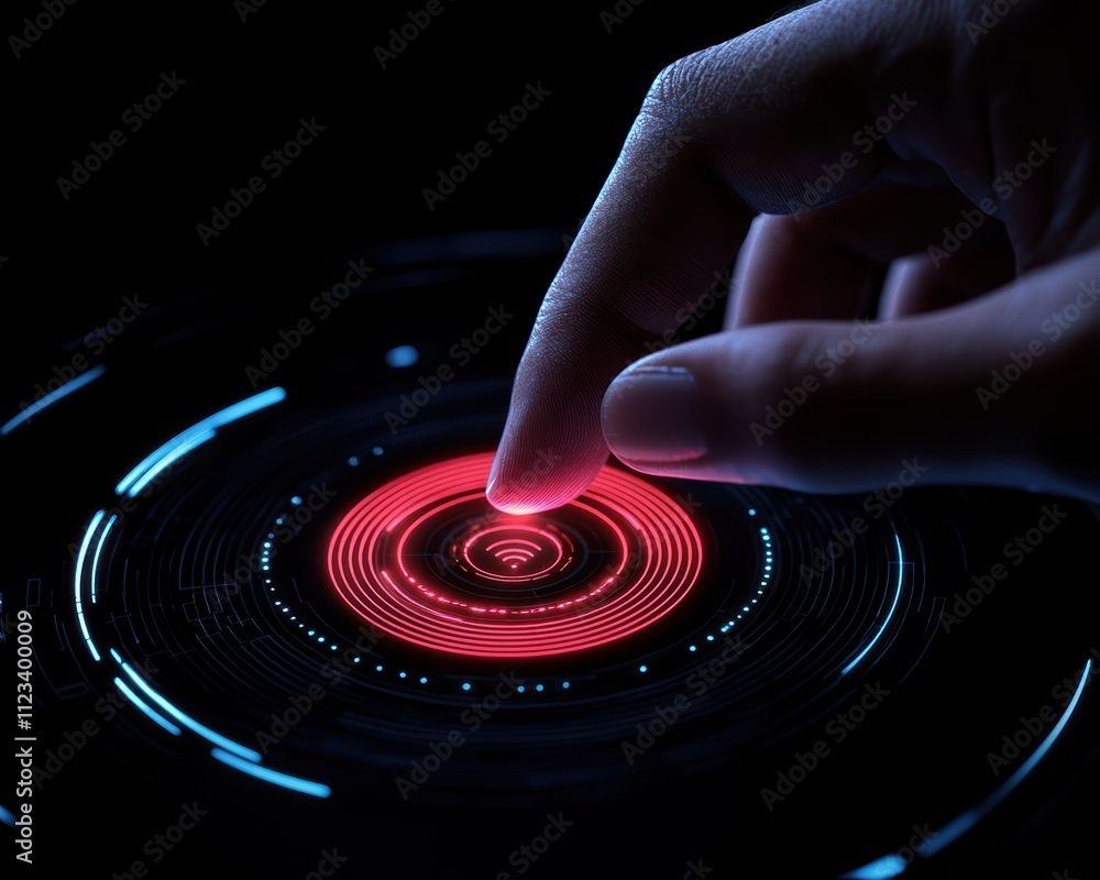 Poster a close-up of a hand interacting with a glowing red circular interface, symbolizing technology and d