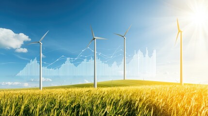 Wind Turbines in Green Field with Data Visualization Elements