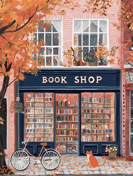 Charming Autumn Bookstore, a whimsical storefront adorned with orange leaves, a bicycle, and a playful cat, inviting readers into a cozy, storybook world.
