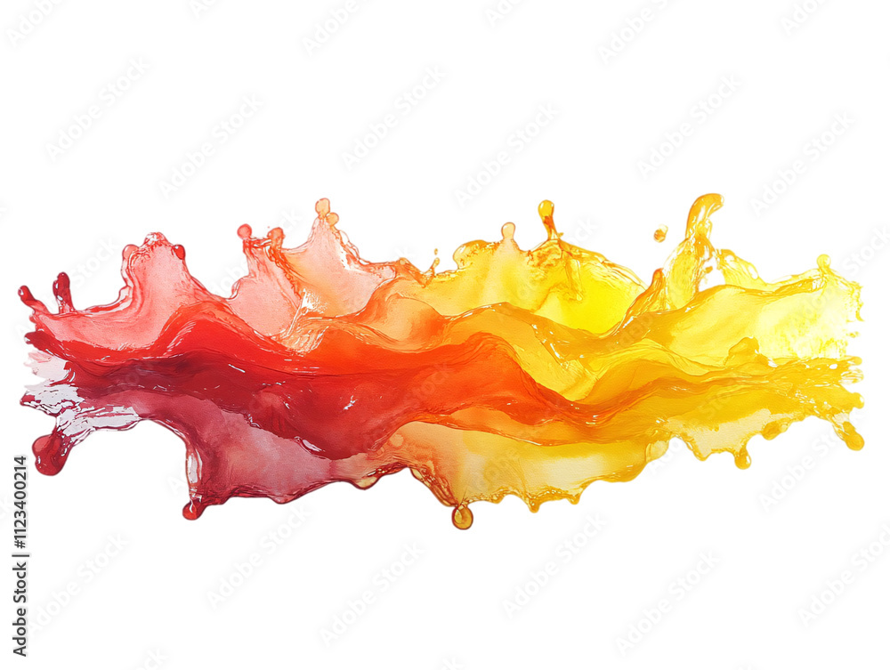 Poster a vibrant splash of red, orange, and yellow liquid, creating dynamic waves and textures on transpare
