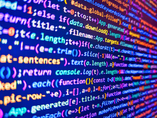 Demand for experienced programmers. Blue banner with php language code on development monitor. Computer html code on screen. Pink unique background. Ad with work for developer. Encrypted data.