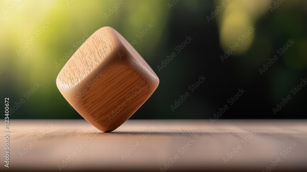 Poster a wooden cube balances on a surface, illuminated by soft light, creating a serene and minimalist atm