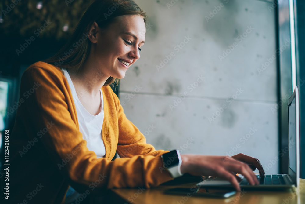 Poster happy woman laughing from messaging with friend in social network browsing wireless internet on lapt