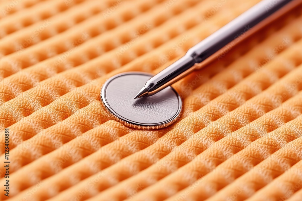 Poster a close-up of a silver tool poised above a circular object on a textured orange surface, highlightin