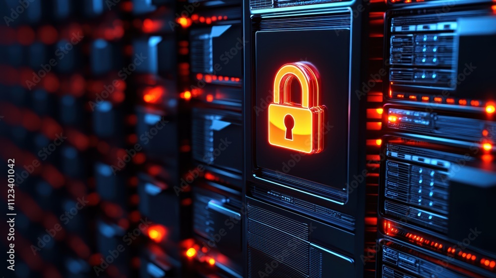 Poster a glowing padlock icon is displayed on a digital interface, symbolizing cybersecurity and data prote