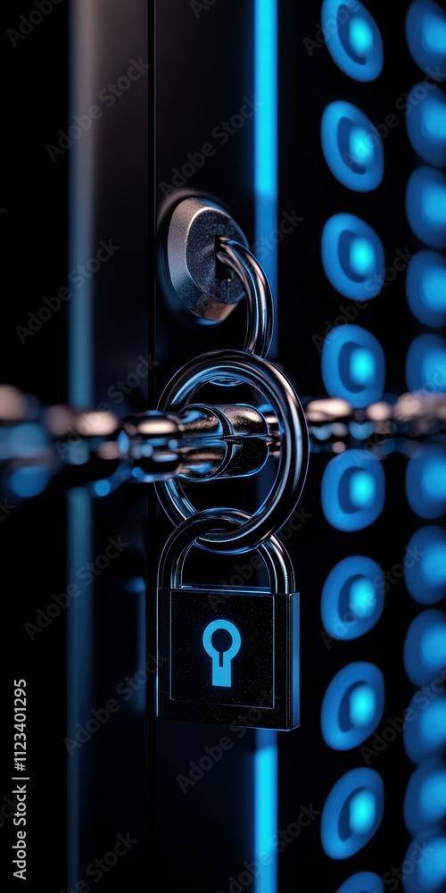 Poster a close-up of a padlock secured with a chain, illuminated by blue light, emphasizing security and pr