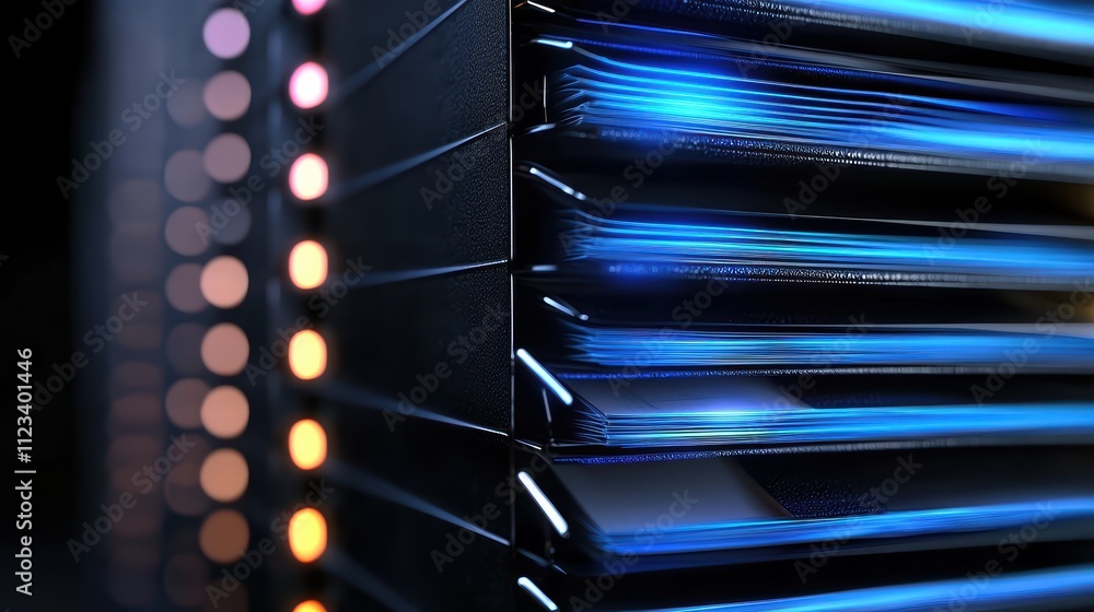 Poster a close-up view of a sleek, dark server with illuminated panels, showcasing advanced technology and 