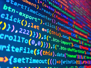 Abstract screen of web developer. Blue background with computer digital binary code bit number one and zero text. Blue unique background. Real programmer monitor and screen. Blockchain concept.
