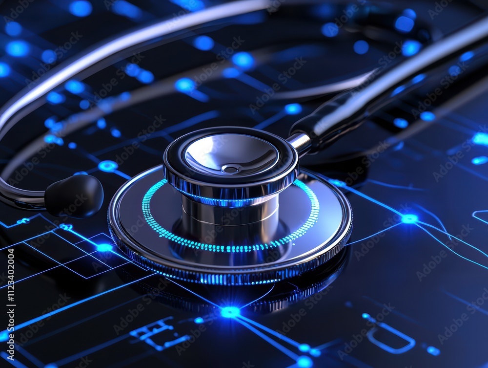 Poster a modern stethoscope rests on a digital interface, symbolizing the intersection of healthcare and te