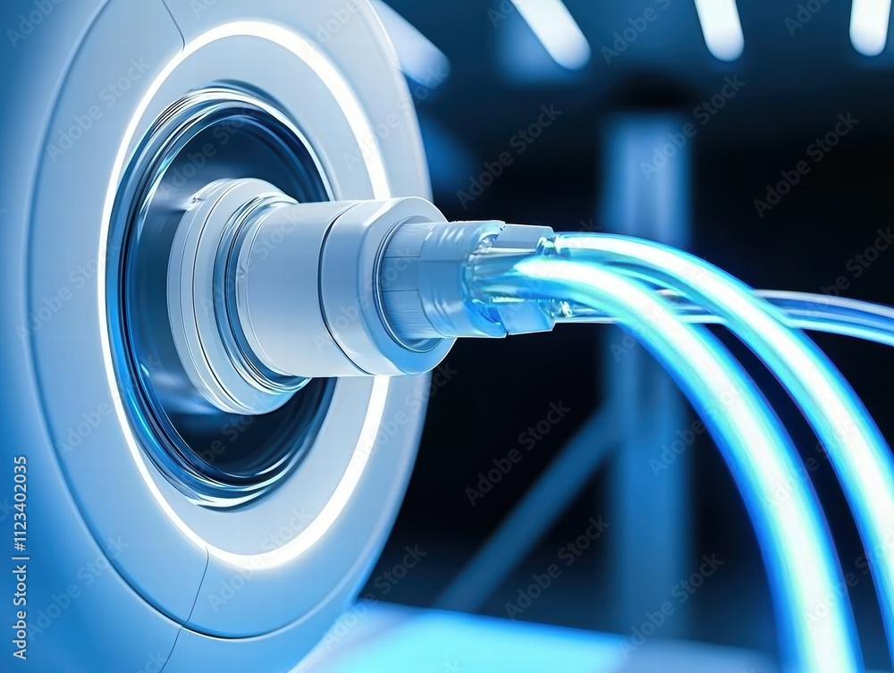 Poster a close-up view of a futuristic device with glowing blue cables connected, emphasizing technology an