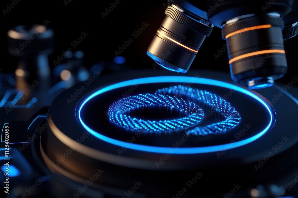Poster a close-up of a microscope revealing a glowing, intricate pattern on a slide, highlighting the detai