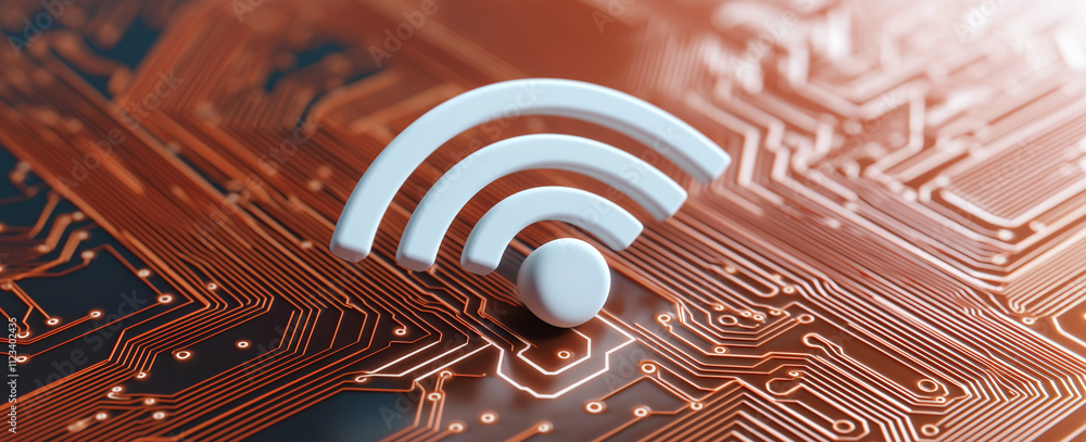 Poster wireless network icon on circuit board background, symbolizing connectivity and technology. design f