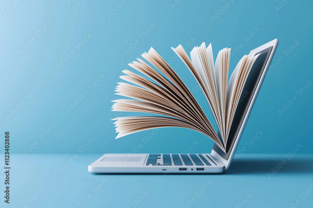 Poster laptop with open pages emerging from screen symbolizes knowledge and creativity. this unique concept