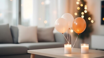 Festive New Year decorations in a living room with colorful lights and balloons, people celebrating the start of 2025