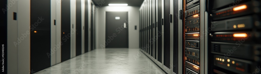Aufkleber a dimly lit server room featuring rows of servers and a clean, modern design, emphasizing technology