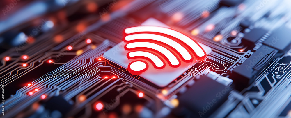 Poster wireless network connection symbol on circuit board, showcasing technology and connectivity. vibrant