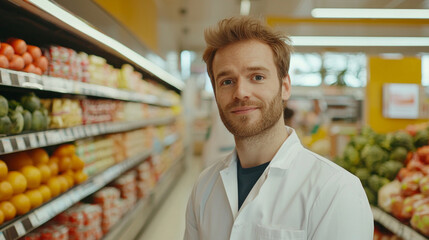 Happy quality control manager examines fresh produce in a vibrant grocery store filled with colorful fruits and vegetables