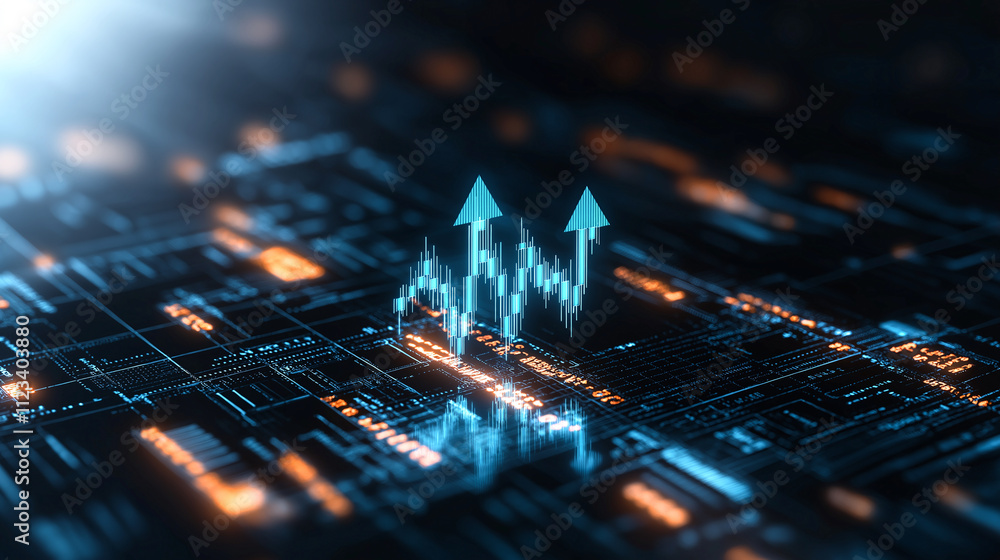 Poster digital abstract background with blue arrows indicating growth and progress, featuring circuit patte