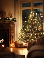 Cozy living room with a elegantly decorated Christmas tree, soft white lights glowing, simple ornaments enhancing the warmth and magic of the holiday season.