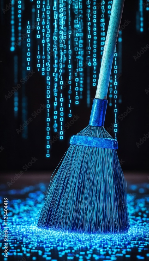 Poster a broom sweeps away glowing blue binary code, symbolizing data deletion and digital clearing