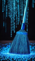 A broom sweeps away glowing blue binary code, symbolizing data deletion and digital clearing