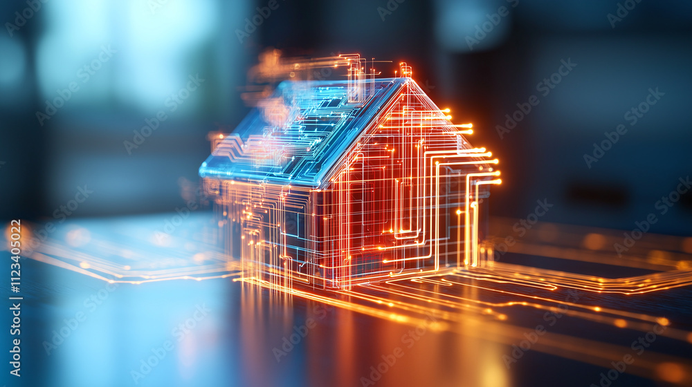Poster digital model of house with glowing circuit patterns, symbolizing smart home technology and innovati