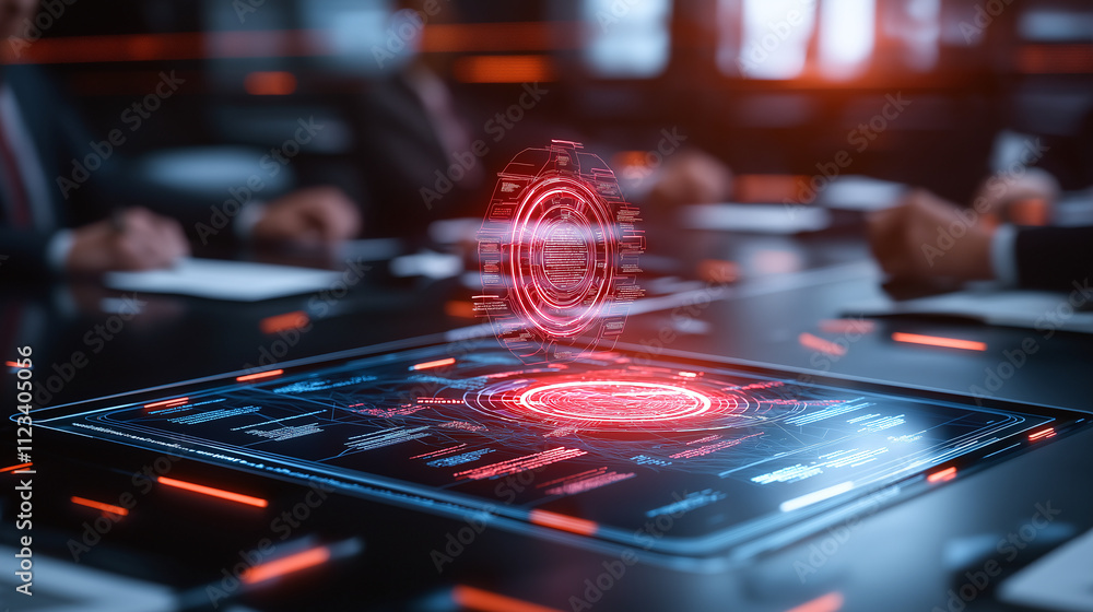Poster futuristic corporate boardroom with holographic display showcasing data analysis and technology. atm