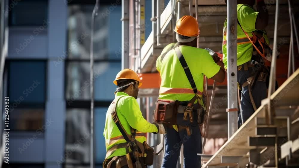 Poster construction workers wearing safety harnesses and helmets are working on scaffolding, building a mod