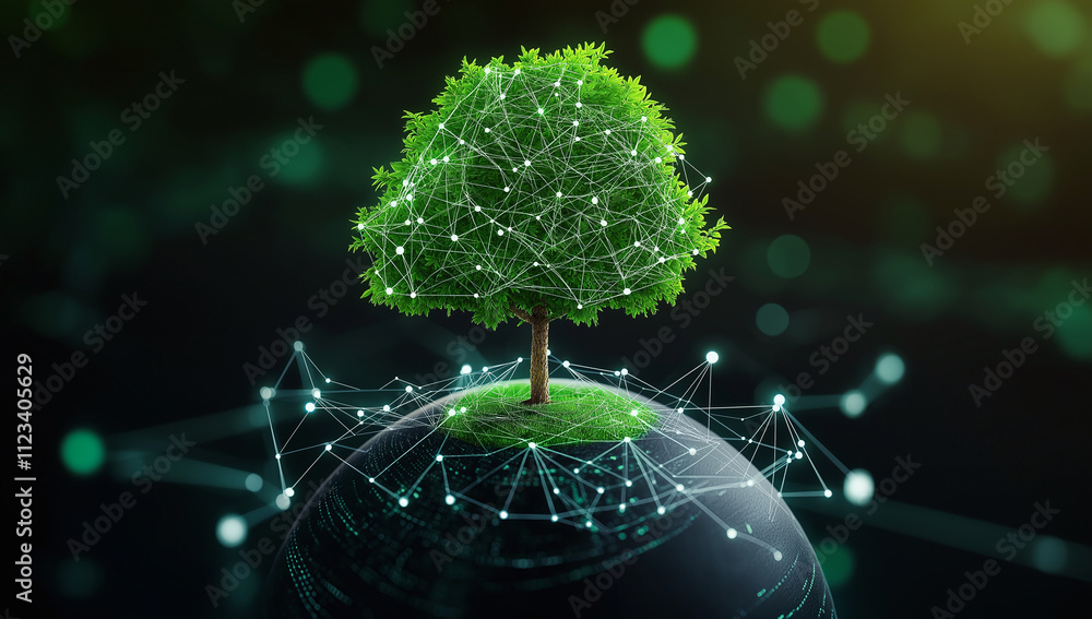 Poster green tree growing on digital globe, symbolizing nature and technology. tree is connected with glowi