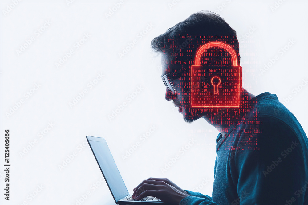 Poster hacker with laptop, surrounded by digital security symbols, represents world of cybersecurity. image