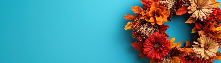 Fototapeta premium A vibrant autumn wreath adorned with colorful flowers, set against a bright turquoise background.