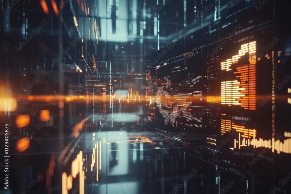 Poster dynamic 3d analysis scene highlighting business and financial charts with stock trends visualization